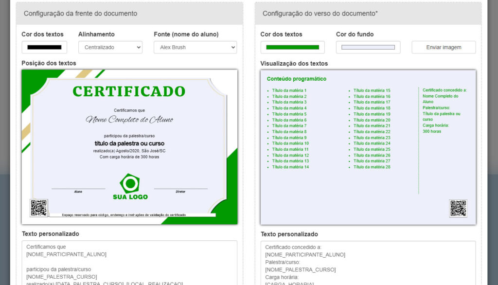 Passo 1 para emitir certificados: Personalização avançada com verso habilitado