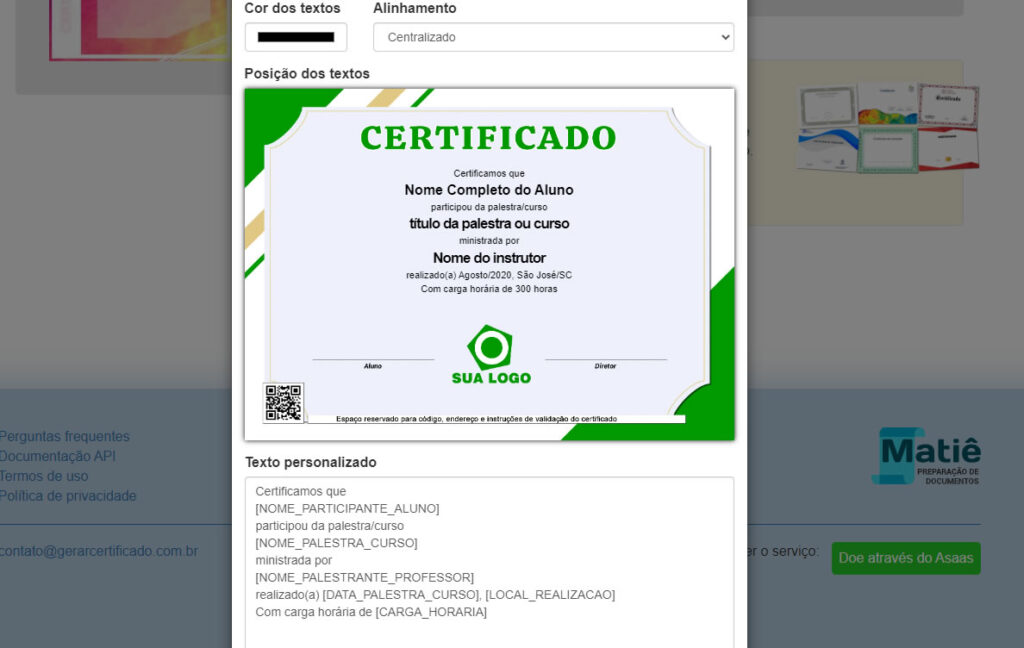 Passo 1 para emitir certificados: Personalização básica