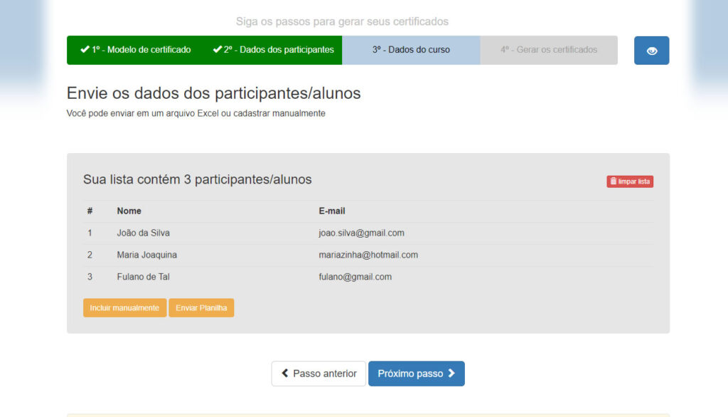 Passo 2 para emitir certificados: Definição dos participantes/alunos