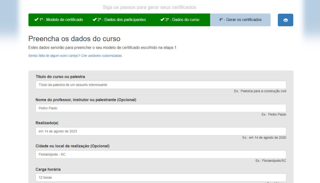 Passo 3 para emitir certificados: Definição dos dados do curso/evento