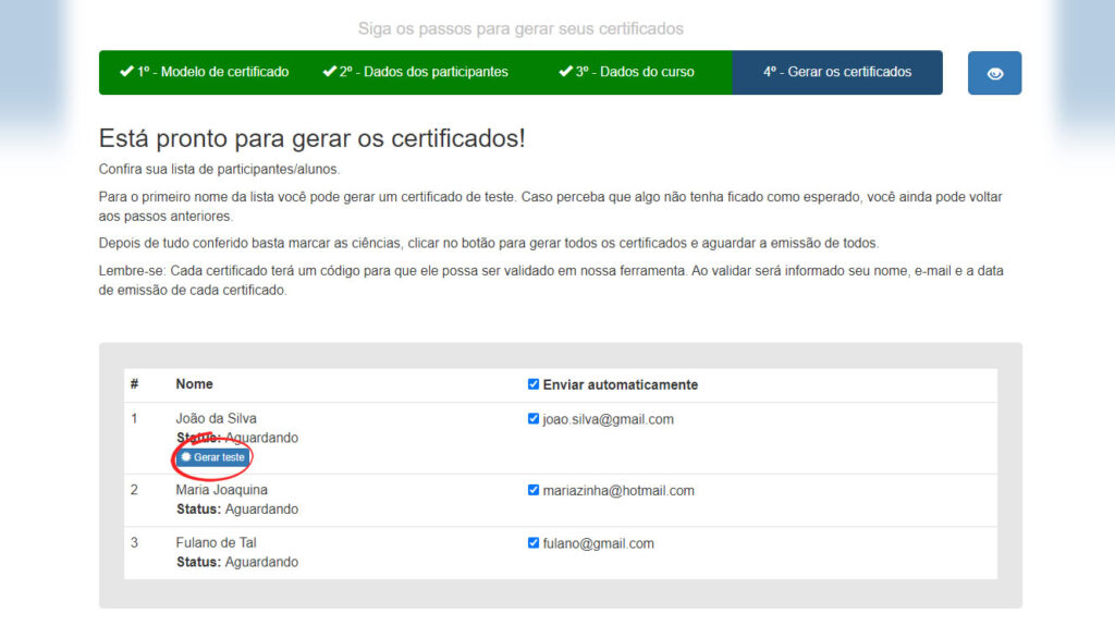 Passo 4 para emitir certificados: Conferência (emissão do PDF de teste)