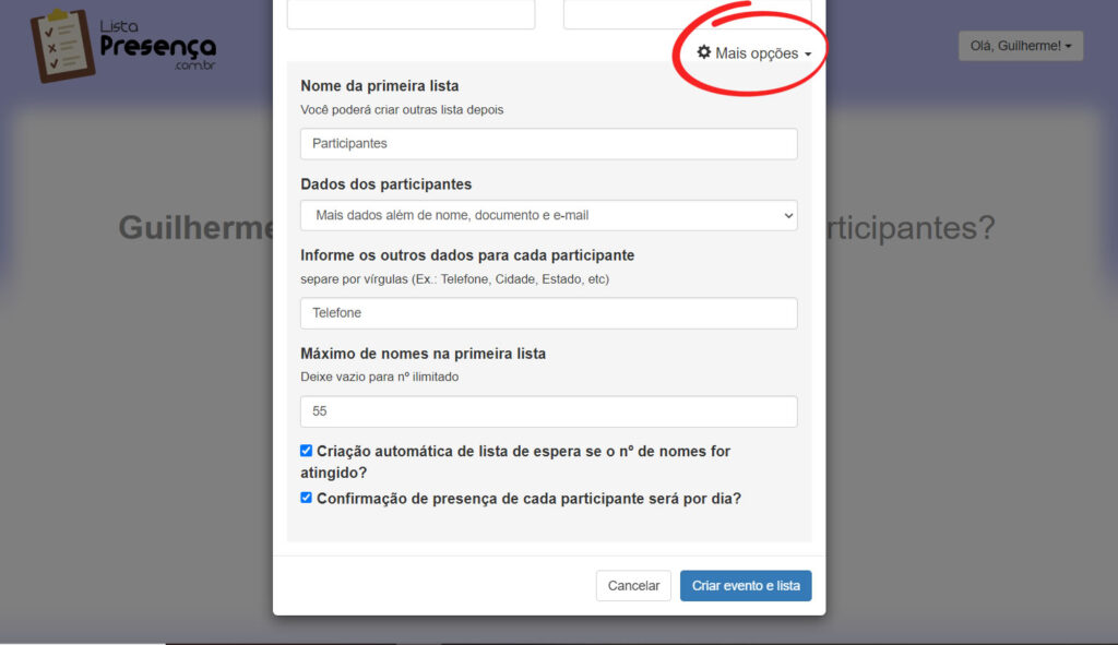 Criação avançada de evento