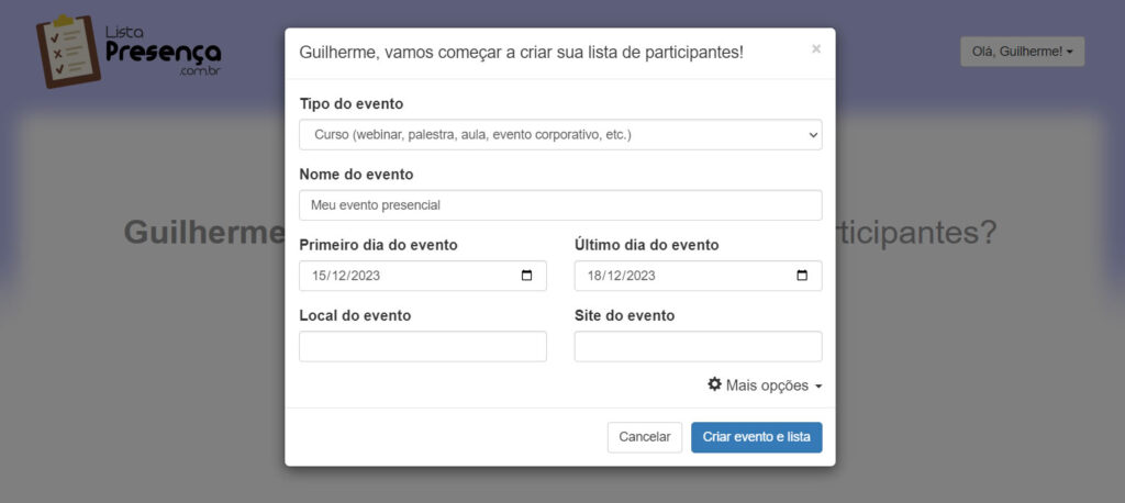 Criação simples de evento