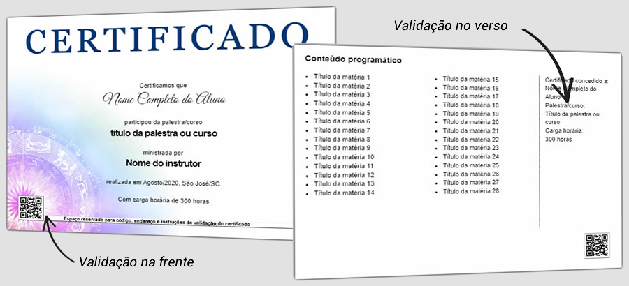 Código de validação no certificado (frente e verso)