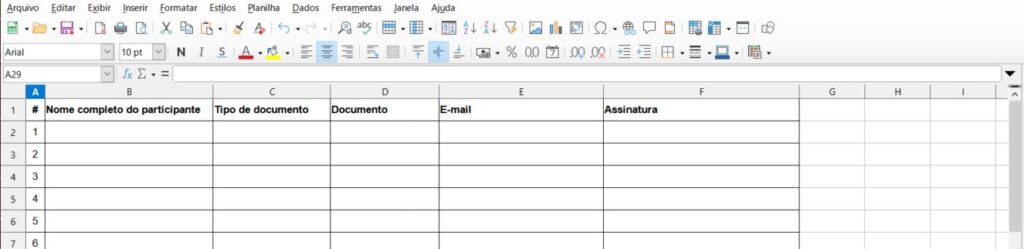 Lista de presença em Excel
