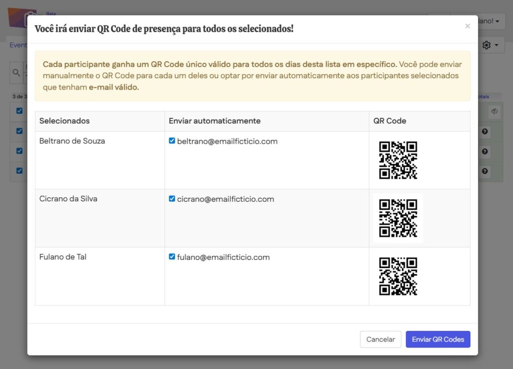 Enviando QR Codes para os participantes da lista